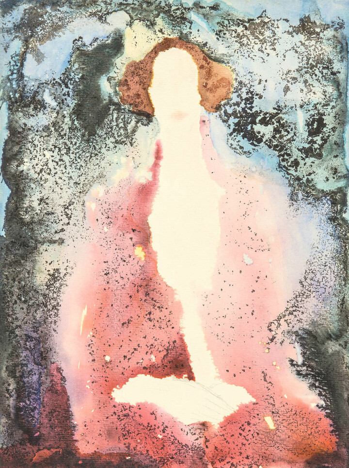 o.T. [Halbfigur in Rot], o.J. Aquarell, Bleistift und Tusche auf chamoisfarbenem Aquarellpapier 32 x 24 cm Inv. Nr. XIV, 1386